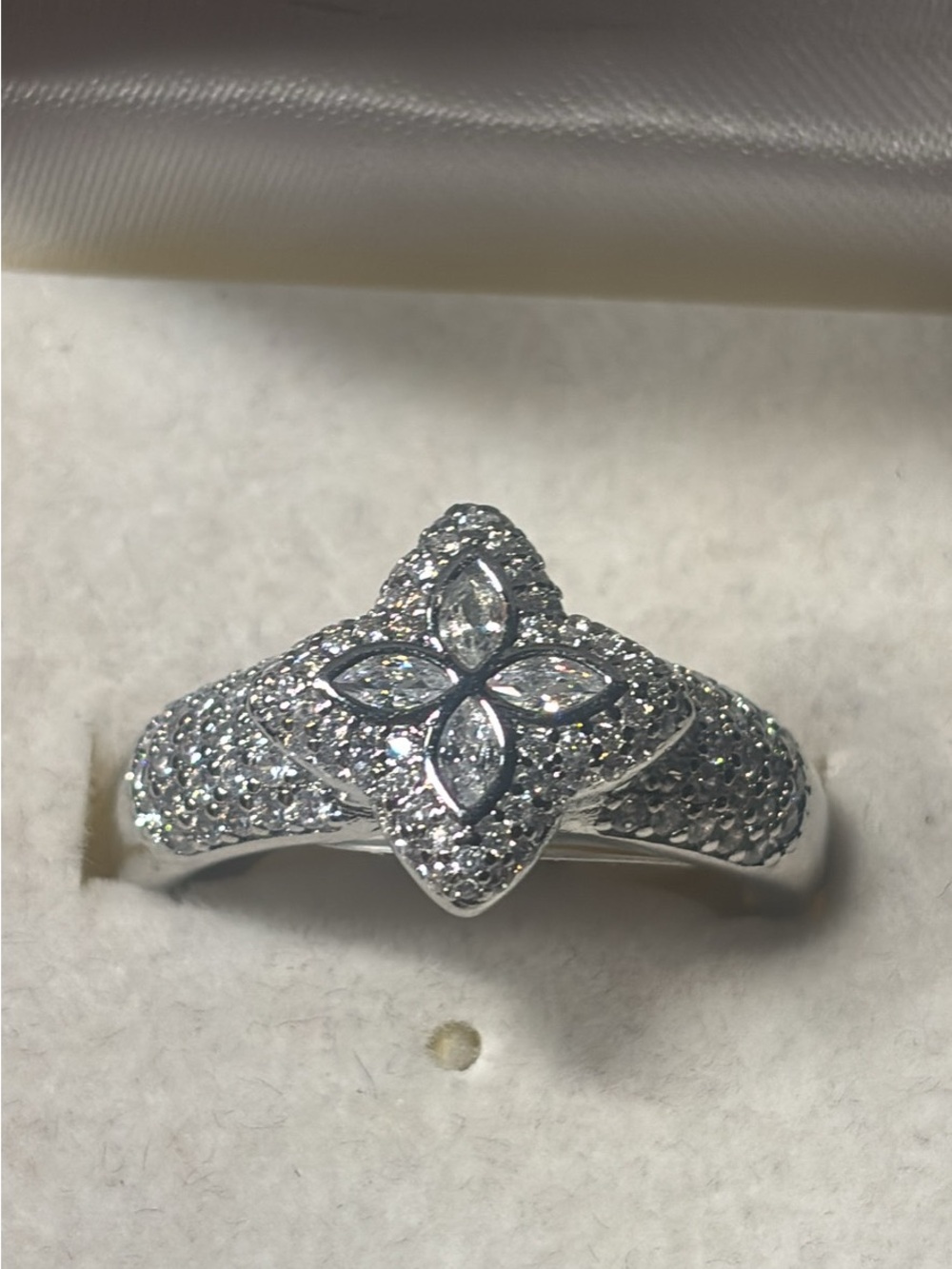 Silver Floral Cluster Pave Ring in Silver Size 19